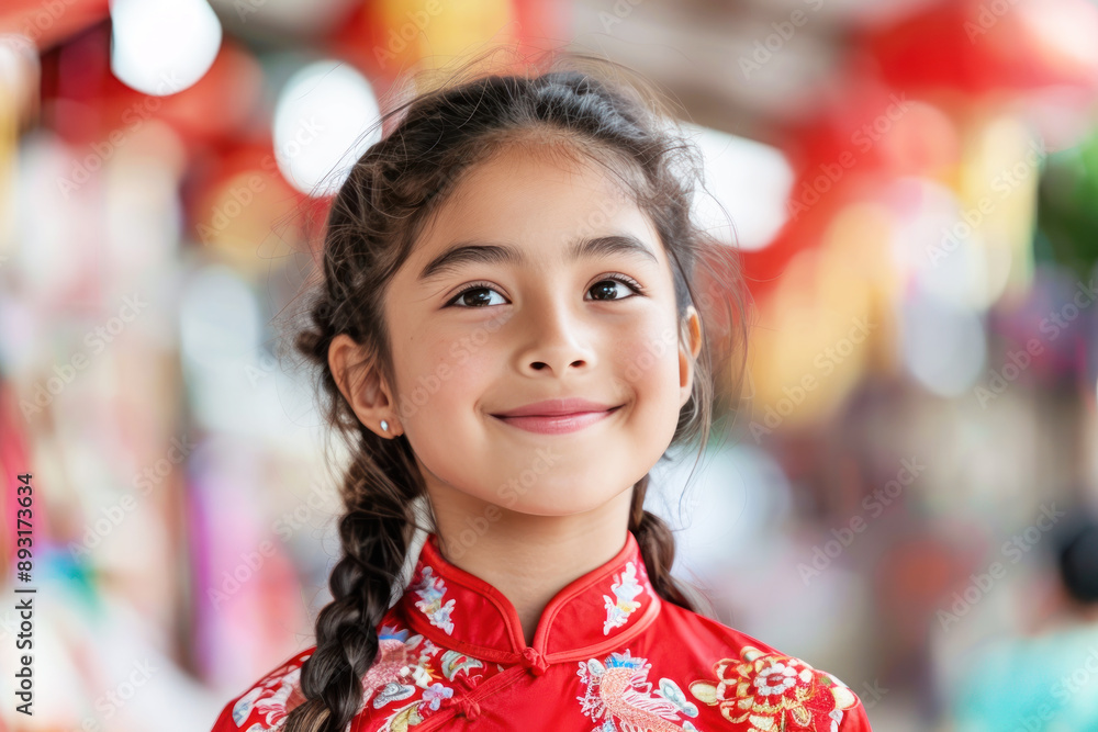 Hispanic girl smile wearing red cheongsam at lunar chinese new year festival Hispanic girl smile wearing red cheongsam at lunar chinese new year festival