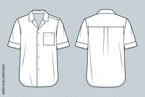 Cuban Collar Shirt technical fashion Illustration. Short sleeve Shirt fashion flat technical drawing template, button down, relaxed fit, front and back view, white, women, men, unisex CAD mockup.