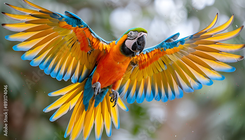 A vibrant parrot soaring through the sky.