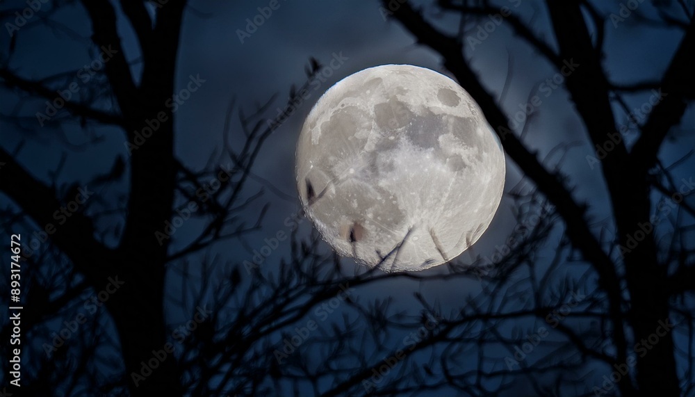 Moonlit Mystery: Full Moon Rising Behind Silhouetted Branches Moonlit Mystery: Full Moon Rising Behind Silhouetted Branches