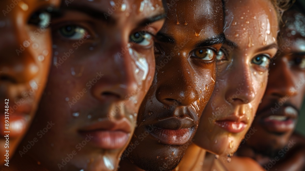 A Group of People With Water Droplets on Their Faces Standing In a Row - Generative AI A Group of People With Water Droplets on Their Faces Standing In a Row - Generative AI