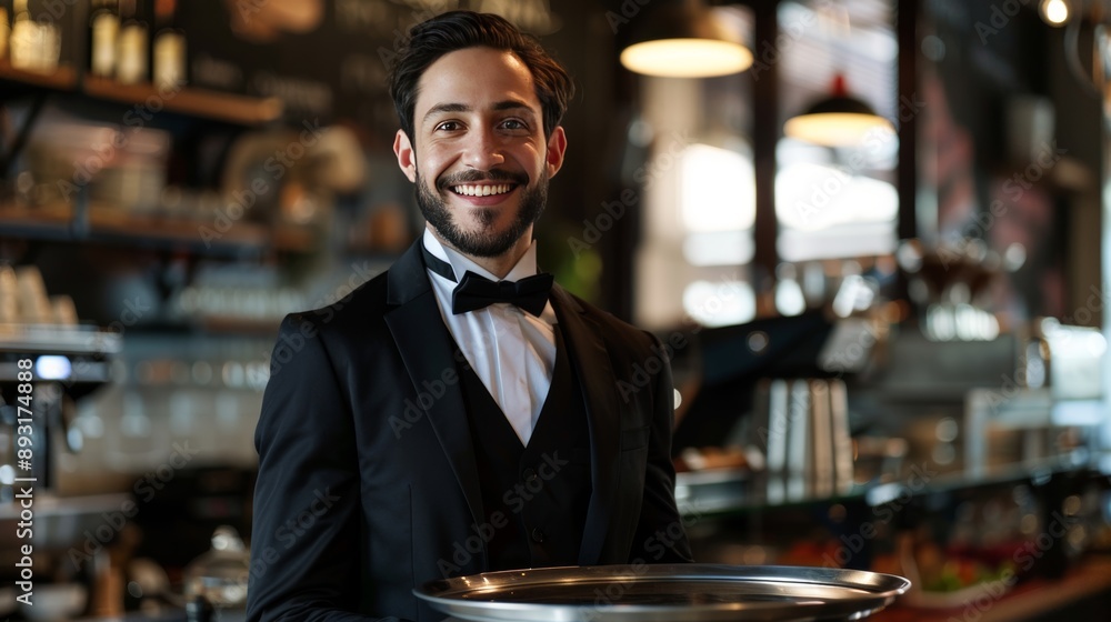 A happy and confident waiter in a black suit and bow tie holds a metal tray in his hand. He works in a cafe and is a great example of a restaurant employee. A happy and confident waiter in a black suit and bow tie holds a metal tray in his hand. He works in a cafe and is a great example of a restaurant employee.