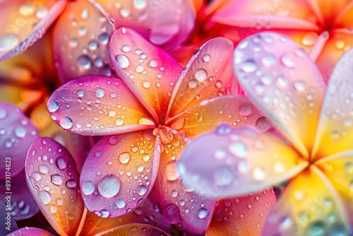 A close-up view of delicate, multi-colored plumeria petals, adorned with glistening dew drops, creating a vibrant and mesmerizing display