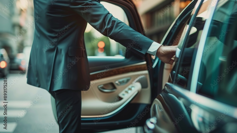 A personal driver provides a convenient service by opening the car's backseat door for a successful businessman. A personal driver provides a convenient service by opening the car's backseat door for a successful businessman.