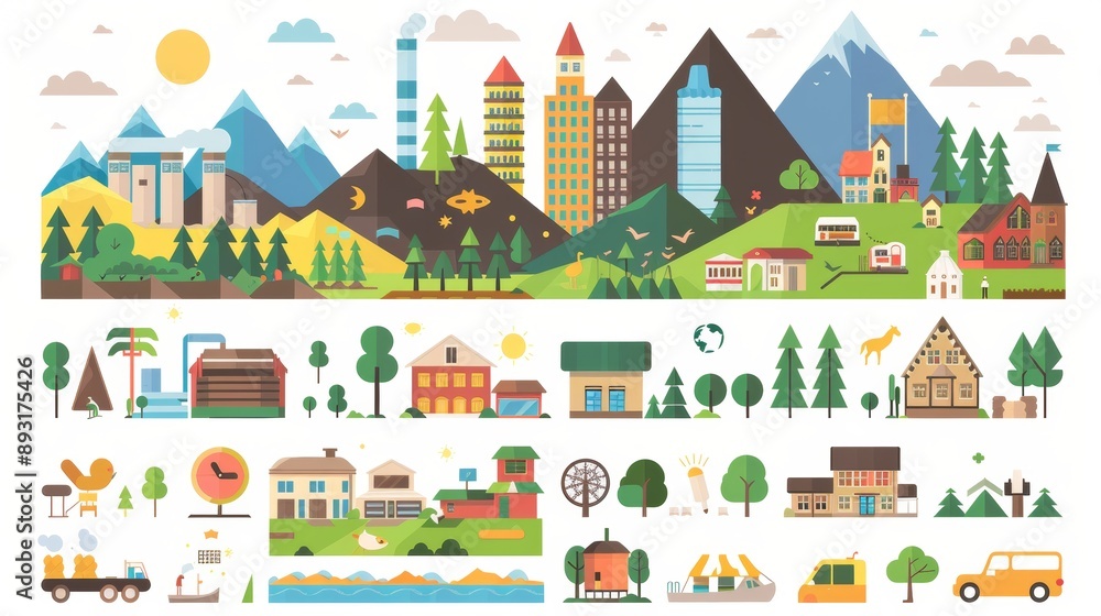 This set of colorful icons shows various places and activities: nature, mountains, boating, trees, houses, cities, factories, cars, and skyscrapers. This set of colorful icons shows various places and activities: nature, mountains, boating, trees, houses, cities, factories, cars, and skyscrapers.