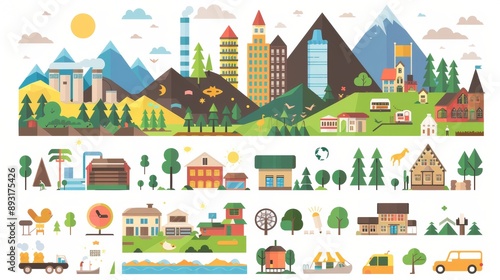 This set of colorful icons shows various places and activities: nature, mountains, boating, trees, houses, cities, factories, cars, and skyscrapers.
