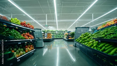 Empty supermarket aisle with shelves stocked with groceries

 photo