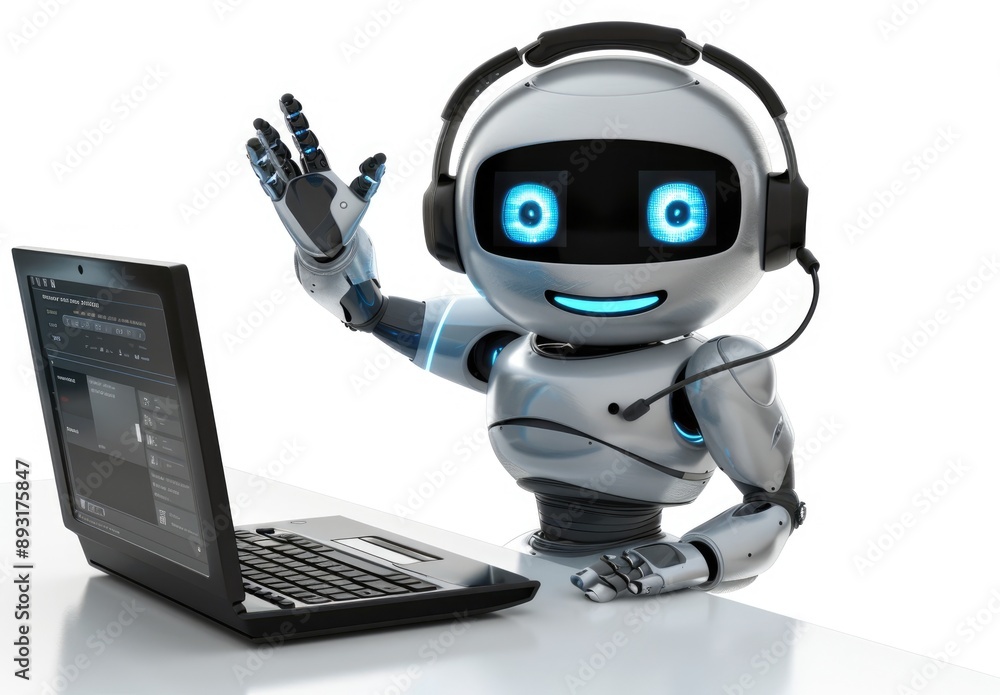 Robot Customer Service Representative at Laptop Robot Customer Service Representative at Laptop