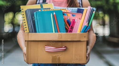 A woman holds a donation box filled with school supplies like books, pencils, and backpacks. It's a way to help people who need school supplies.