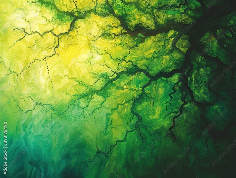 An aerial view of a river delta with green vegetation and water An aerial view of a river delta with green vegetation and water