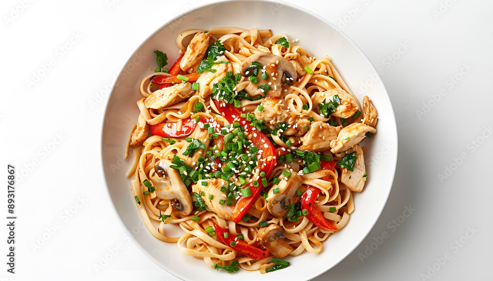 Stir fry egg noodles with chicken, sweet paprika, mushrooms, chives and sesame seeds in bowl. Asian cuisine dish. White table background, top view Stir fry egg noodles with chicken, sweet paprika, mushrooms, chives and sesame seeds in bowl. Asian cuisine dish. White table background, top view