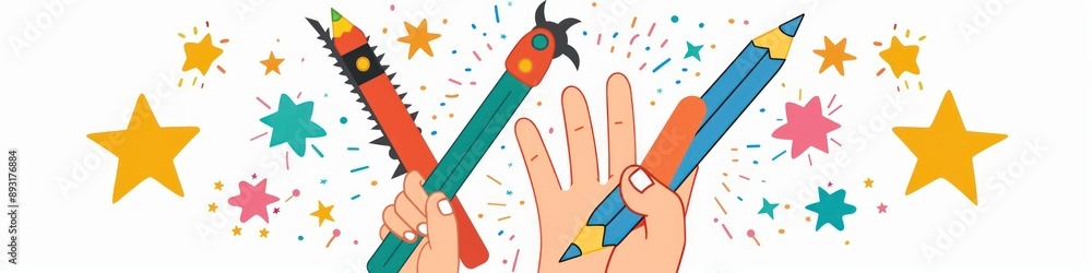 Cartoon hand with colorful pencil and saw in stars, perfect for vector clip art. Cartoon hand with colorful pencil and saw in stars, perfect for vector clip art.