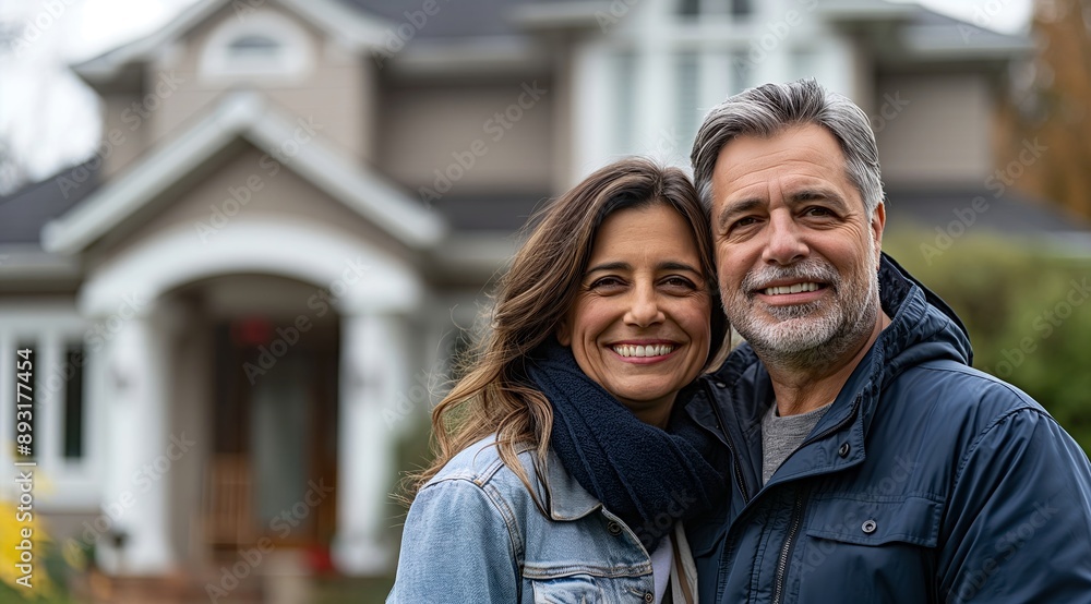 Happy middle-aged couple standing in front of their beautiful suburban home, smiling at the camera. Happy middle-aged couple standing in front of their beautiful suburban home, smiling at the camera.