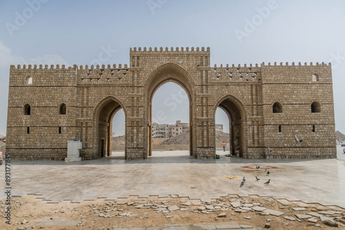 Bab Makkah, a historic old gate and tourist landmark, in the downtown of Jeddah (Jiddah), Saudi Arabia in the Middle Eat.
