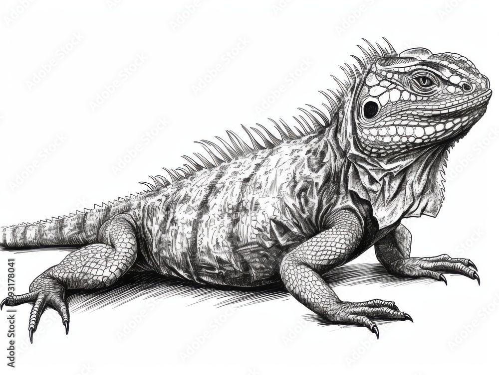 Fototapeta premium Black and white Vintage engraved art of a basilisk isolated on white background, ink sketch illustration, simple vector art design, highly detailed line art, high contrasty