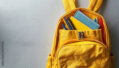 Yellow backpack filled with books and pens on a white table. photo