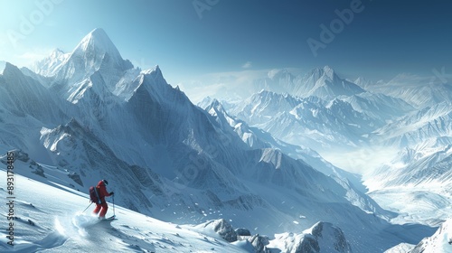 A Man in a Red Jacket on Skis on the Side of a Mountain - Generative AI