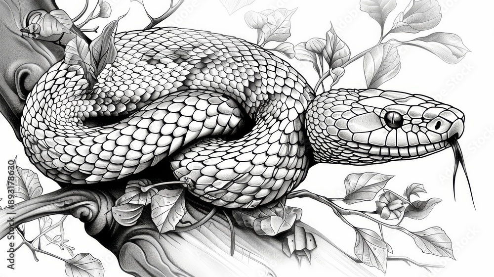 Black and white drawing of a cute snake on a tree for coloring Black and white drawing of a cute snake on a tree for coloring