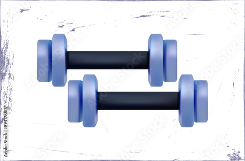 Dumbbells, sport equipment. Training tool for fitness, active lifestyle, renewing body energy. Heavy sports equipment. Tool for weight loss, strengthening muscles in the gym. Vector 3d illustration.