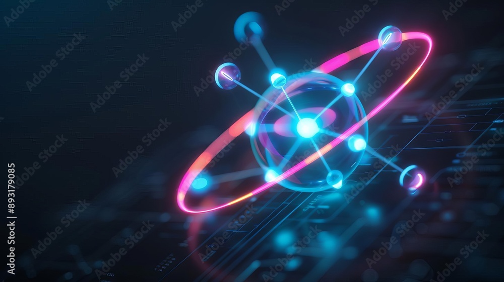 A vibrant digital representation of an atom with colorful electrons orbiting around, symbolizing technology and science. A vibrant digital representation of an atom with colorful electrons orbiting around, symbolizing technology and science.