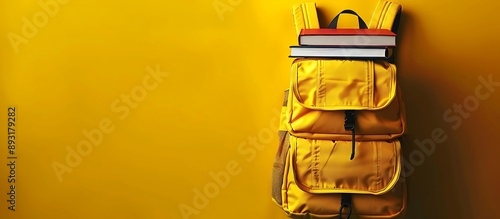 Yellow backpack packed with textbooks on a vibrant yellow backdrop. photo