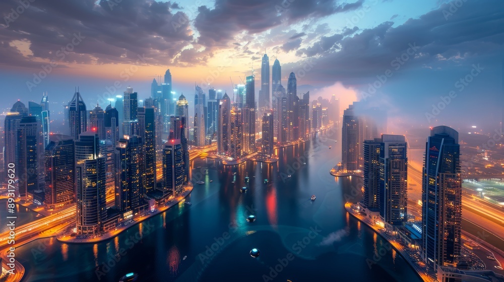 A City Skyline Lit up at Night With Boats on the Water and Buildings in the Distance - Generative AI A City Skyline Lit up at Night With Boats on the Water and Buildings in the Distance - Generative AI