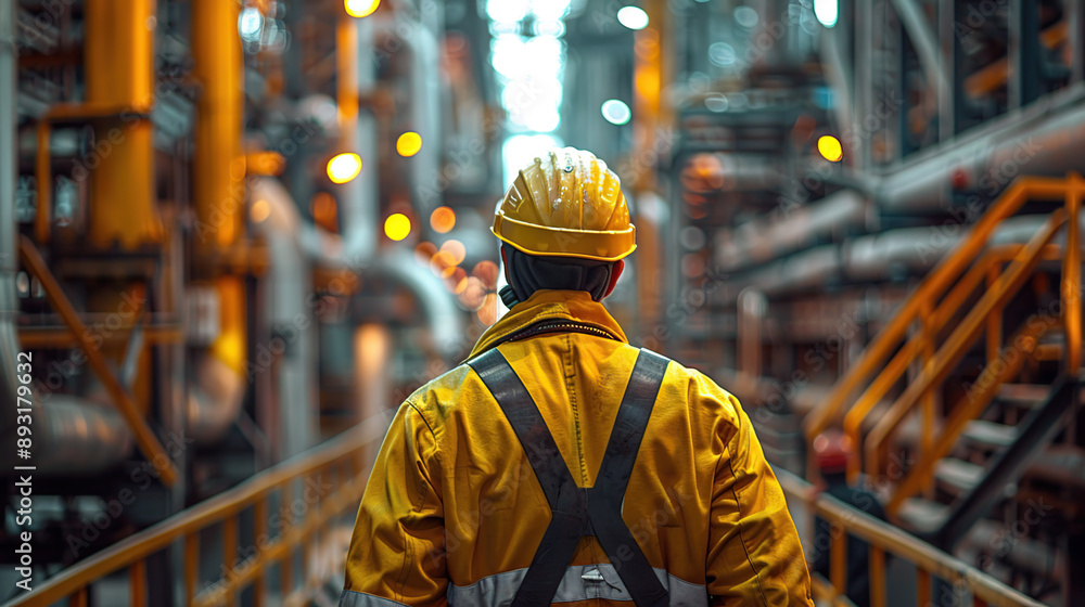 Refinery workers in overalls in the background of an oil refinery Refinery workers in overalls in the background of an oil refinery