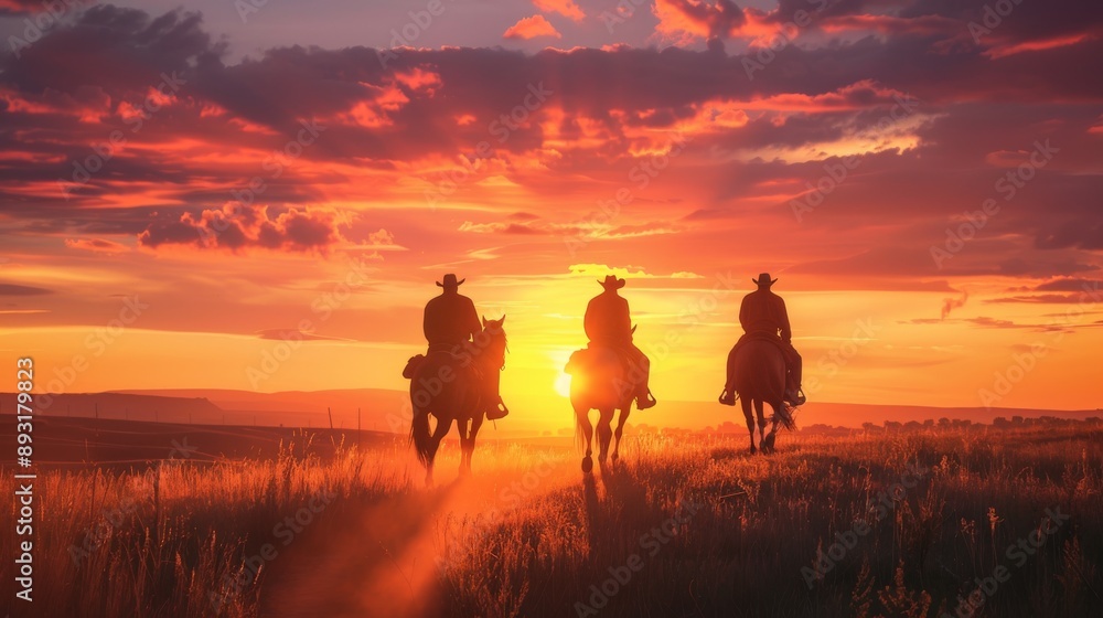 Fototapeta premium Cowboys on horseback, riding off into the sunset