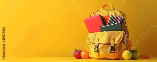 Yellow backpack packed with colorful school supplies on a gradient yellow background. photo