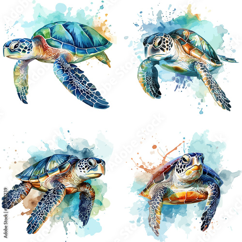 Watercolor Sea Turtles Illustration Vector.