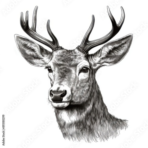 Black and white Vintage engraved art of a portrait of a deer isolated on white background, ink sketch illustration, simple vector art design, highly detailed line art, high contrasty. -