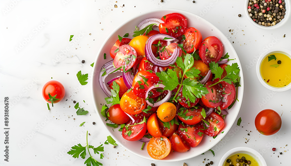 Summer vegan tomato salad with parsley, red onion, garlic, pepper and olive oil dressing, white table background, top view Summer vegan tomato salad with parsley, red onion, garlic, pepper and olive oil dressing, white table background, top view