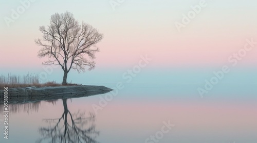 A Lone Tree Stands In the Middle of a Body of Water With Pink Sky Behind It - Generative AI