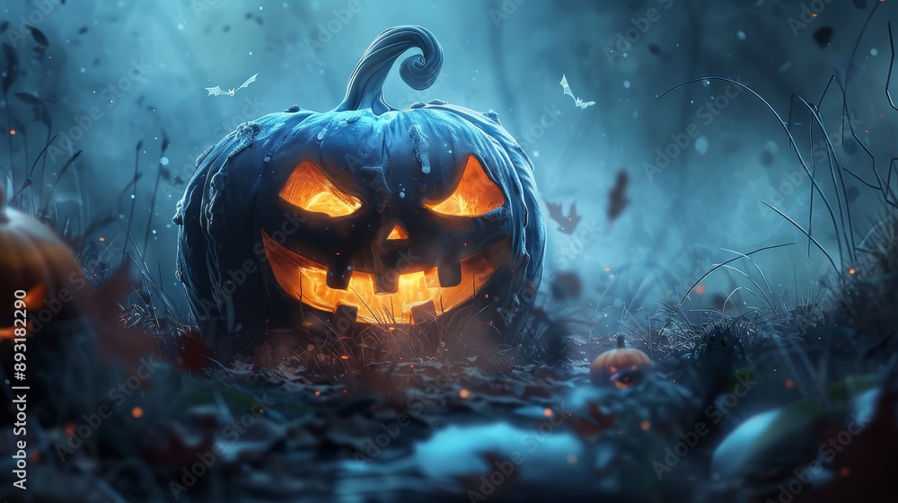 Naklejka premium Haunting Halloween Night: Detailed Atmosphere with Spooky Character and Glowing Pumpkin