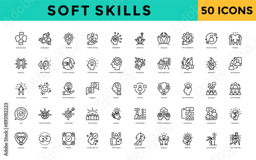 Soft skills icon set with communication, collaboration, creativity, problem solving, adaptability, leadership, teamwork, time management, decision making, empathy icon. Simple line vector 
