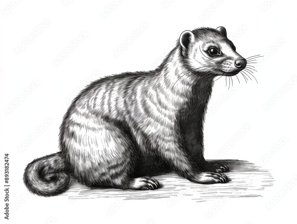 Obraz premium Black and white Vintage engraved art of a ferret isolated on white background, ink sketch illustration, simple vector art design, highly detailed line art, high contrasty 