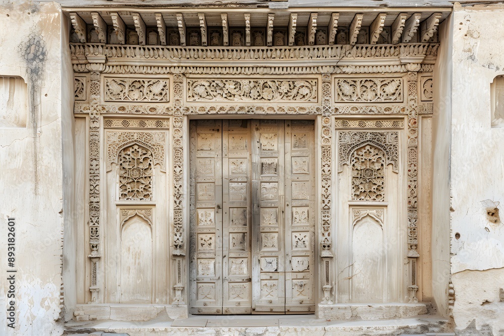 Fototapeta premium rustic wooden single door with intricate carvings, painted in a soft white color,