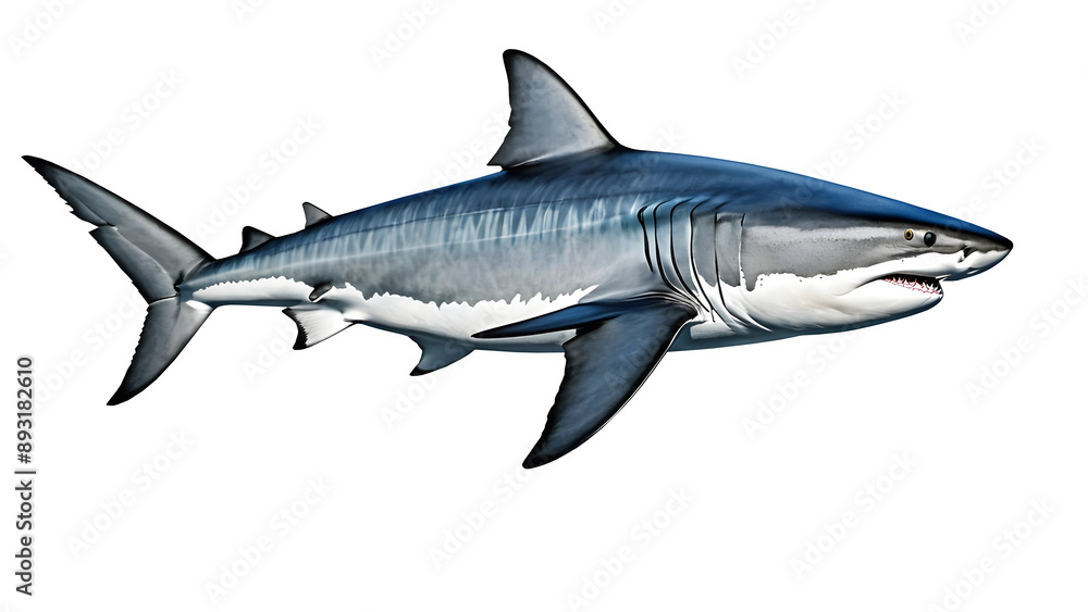Tiger shark staring intently, with textured gray-blue skin, contrasting sharply against a pure isolated background. Tiger shark staring intently, with textured gray-blue skin, contrasting sharply against a pure isolated background.