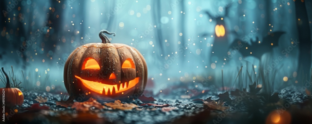Sinister Halloween Pumpkin with Moonlit Shadows - Conceptual Spooky Jack-o'-lantern with Eerie Background Setting\ Sinister Halloween Pumpkin with Moonlit Shadows - Conceptual Spooky Jack-o'-lantern with Eerie Background Setting\