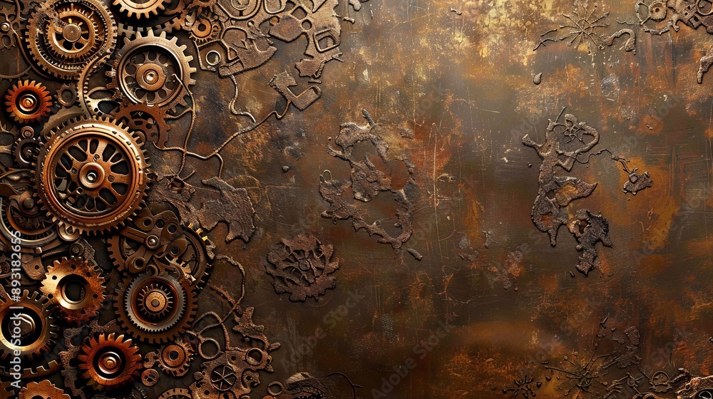 Naklejka premium Intricate and metallic steampunk gears stand out against a rich, dark brown backdrop.