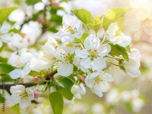 Springtime Beauty: The Blooming White Flowers of an Apple Tree Branch