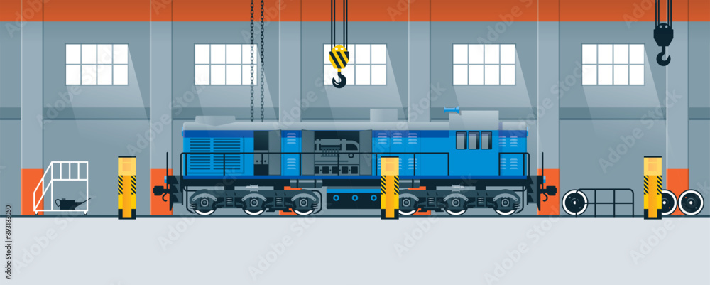 Locomotive repair in the workshop. Vector flat illustration