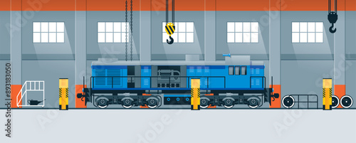 Locomotive repair in the workshop. Vector flat illustration