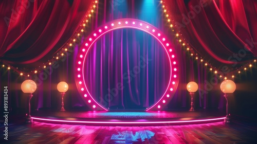 Neon lights on a round frame shine brightly. A red curtain and stage platform make a party banner. Lamps border a signboard for games like lottery, casino, poker, and roulette.
