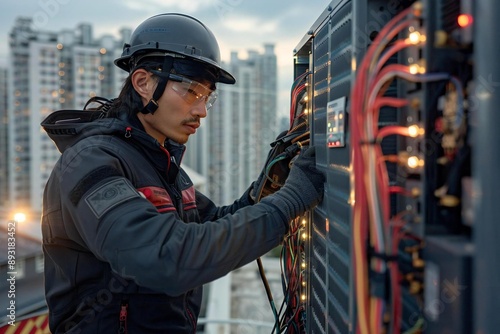 New photo description: A dynamic shot of an Industrial Air Conditioning Technician in action, surrounded by the city skyline. The technician is wearing modern, high-tech ge