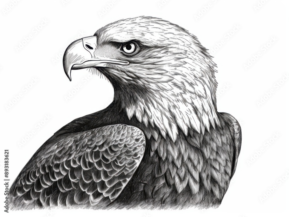 Black and white Vintage engraved art of a bald eagle isolated on white ...