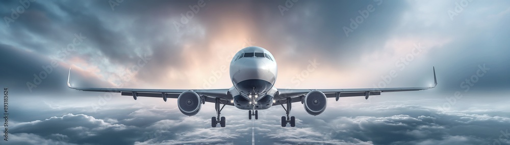 Obraz premium A airliner flies high over a foggy sky.