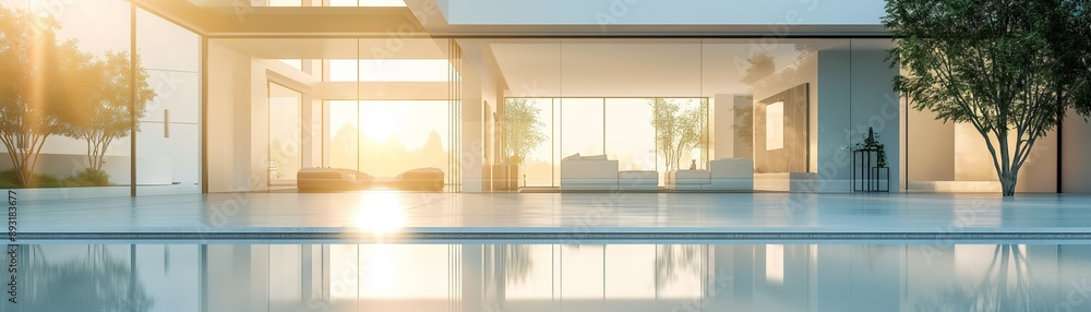 Fototapeta premium A modern house with a swimming pool in front of it.