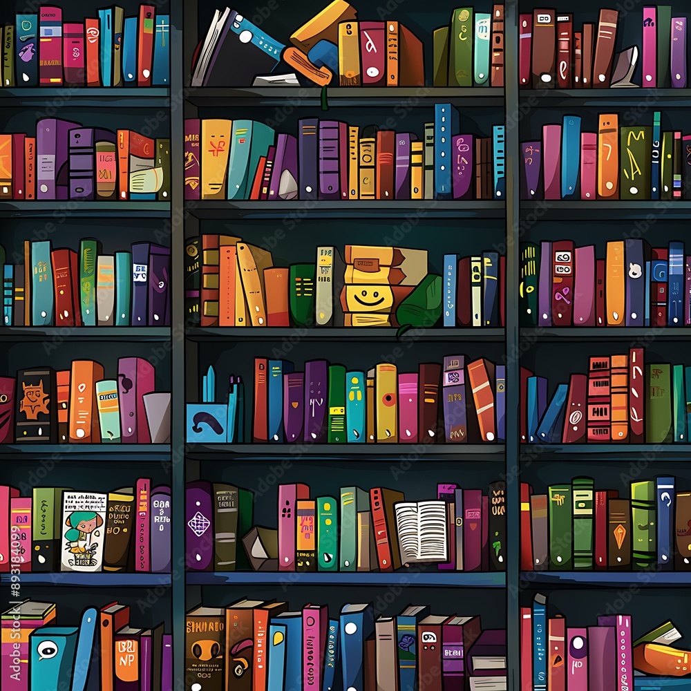 2. A vector cartoon of a bookshelf filled with a variety of bestsellers and school textbooks, each book featuring vibrant covers and animated expressions 2. A vector cartoon of a bookshelf filled with a variety of bestsellers and school textbooks, each book featuring vibrant covers and animated expressions