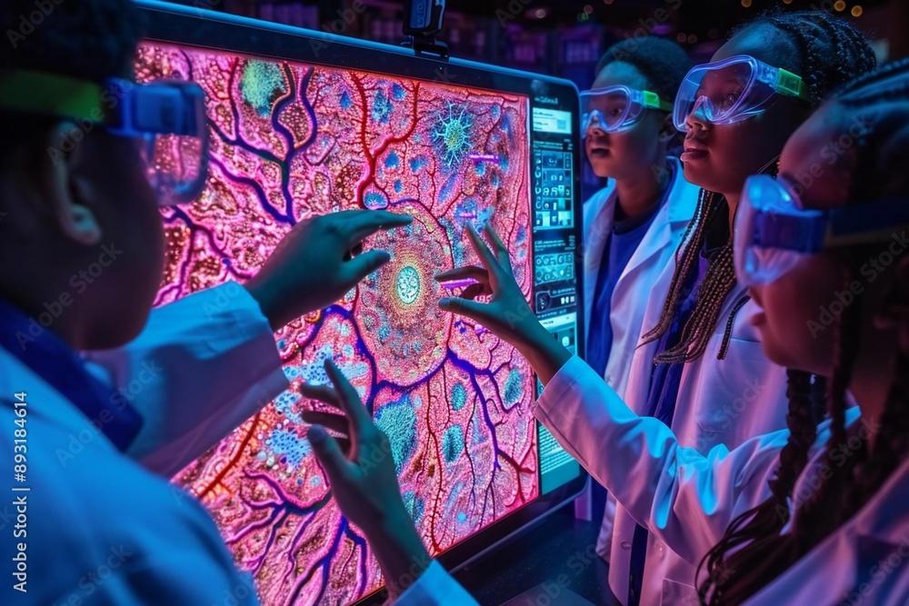 Obraz premium Photo Description: A group of high school students wearing lab coats and goggles are gathered around a large, interactive digital tablet in the center o